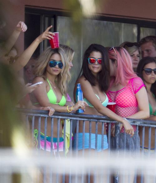 Selena Gomez, Vanessa Hudgens and Ashley Benson on the set of Spring Breakers on March 21, 2012