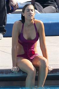 Katherine Webb, Miss Alabama USA 2012, in a pink swimsuit on the set for the TV show 'Celebrity Diving' in Los Angeles.