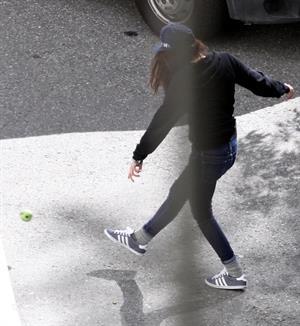 Kristen Stewart playing with a ball on the set of  Sils Maria  in Switzerland September 20, 2013  