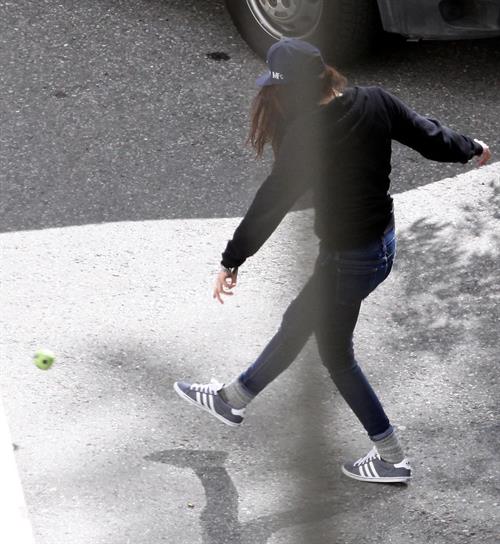 Kristen Stewart playing with a ball on the set of  Sils Maria  in Switzerland September 20, 2013  