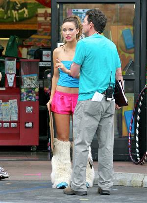Olivia Wilde in shorts on the set of film free hugs in California July 29, 2011 