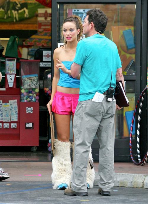 Olivia Wilde in shorts on the set of film free hugs in California July 29, 2011 