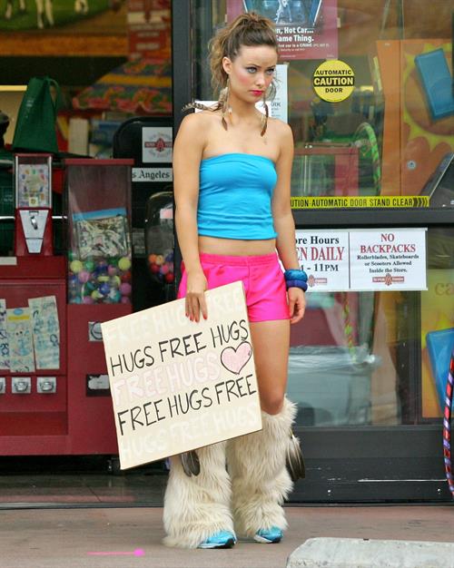Olivia Wilde in shorts on the set of film free hugs in California July 29, 2011 