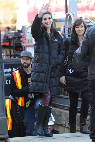 Anne Hathaway on the Dark Knight Rises set in New York City 4-11-2011 