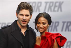 Zoe Saldana poses on the red carpet during the German premiere of the movie Star Trek April 16   