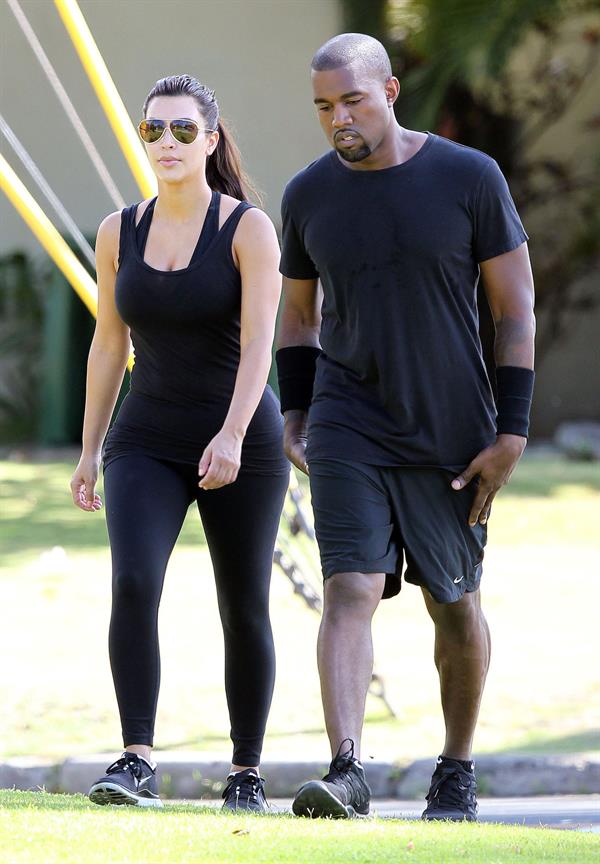 Kim Kardashian and Kanye West out for a walk in Beverly Hills in August 11, 2012