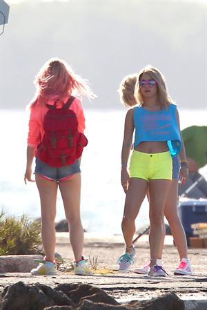 Ashley Benson and Hanessa Hudgens filming Spring Breakers Florida on March 12, 2012