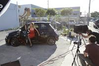 Catrinel Menghia - filming Fiat 500 Abarth ad  