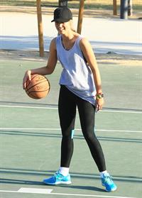 Delta Goodrem playing basketball with a friend in Los Angeles, California on November 3, 2013 
