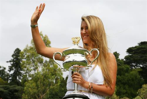 Victoria Azarenka poses with Memorial Cup after winning the 2013 Australian Open January 27, 2013 