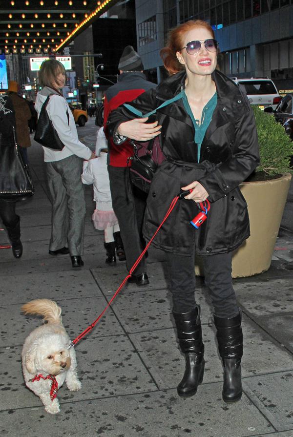 Jessica Chastain with her dog Chaplin arriving to the Walter Kerr Theatre in New York City December 27, 2012 