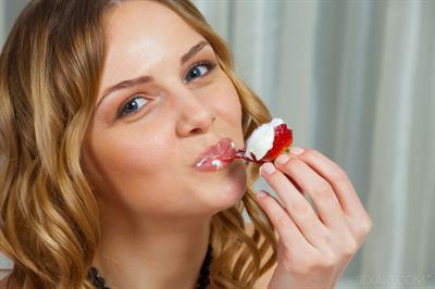 Leanisa in  Setula  for SexArt - Leanisa enjoying fresh strawberries and cream, wearing nothing but her black stockings
