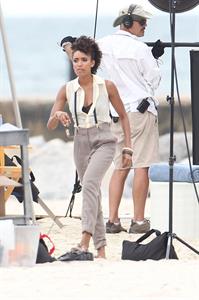 Annie Ilonzeh filming Charlie's Angels on a beach in Miami 02-09-11