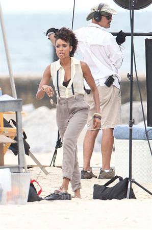 Annie Ilonzeh filming Charlie's Angels on a beach in Miami 02-09-11