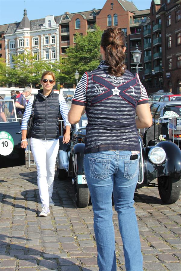 Katarina Witt at the oldtimer car rally Hamburg-Berlin-Klassik August 30, 2014