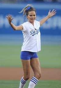 Chrissy Teigen throws out the first pitch at Dodger Stadium  August 6, 2014