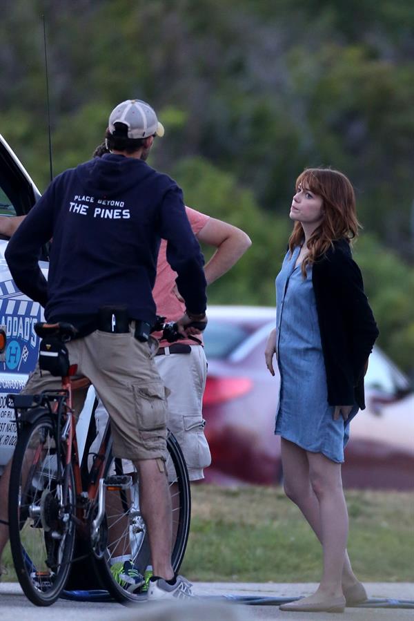 Emma Stone on the set of an untitled Woody Allen project in Newport July 28, 2014