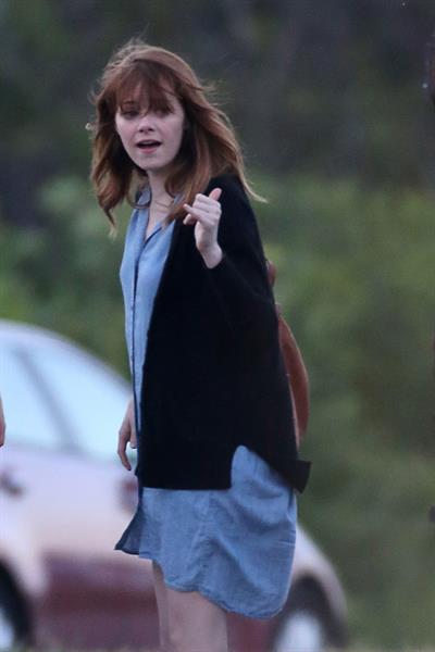 Emma Stone on the set of an untitled Woody Allen project in Newport July 28, 2014