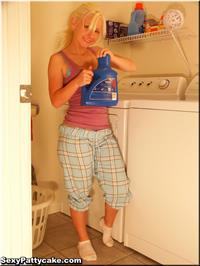 Patty Cake doing the laundry in blue lingerie