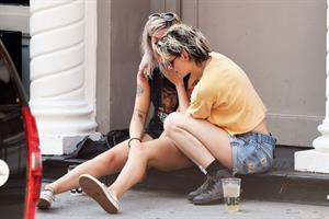 Kristen Stewart lesbian kiss making out with Dylan Meyer seen by paparazzi.
