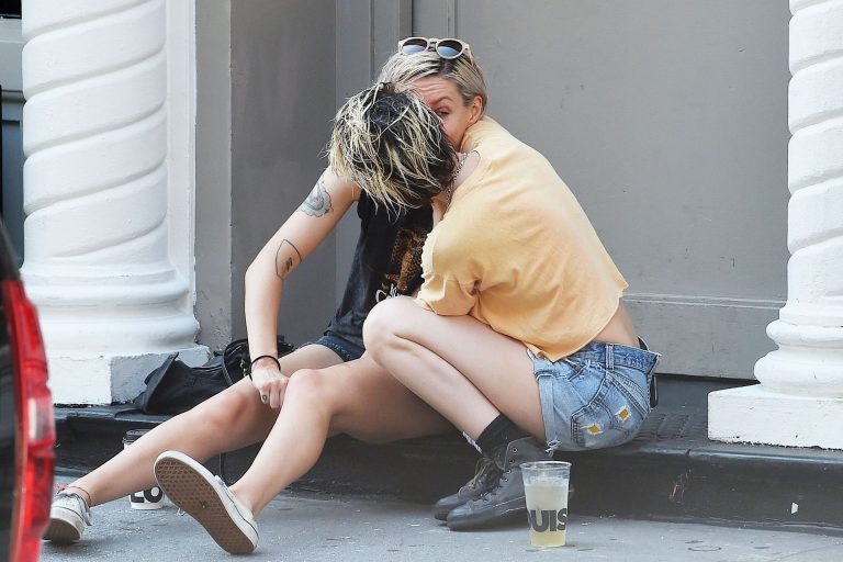 Kristen Stewart lesbian kiss making out with Dylan Meyer seen by paparazzi.

