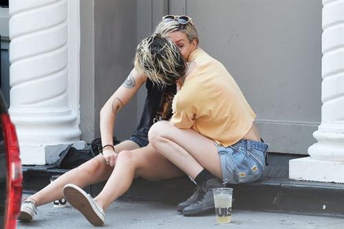 Kristen Stewart lesbian kiss making out with Dylan Meyer seen by paparazzi.
