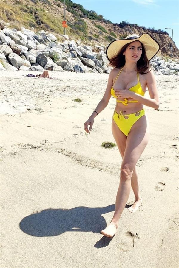 Blanca Blanco nip slip wardrobe malfunction and sexy ass in yellow thong bikini at the beach.
