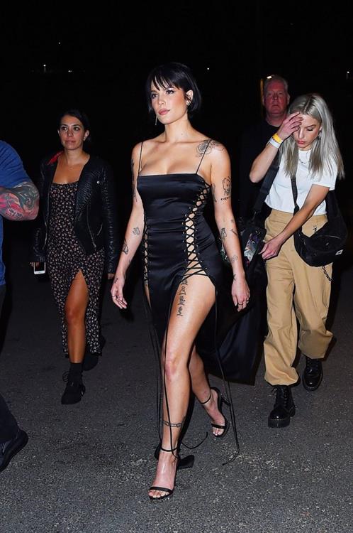Halsey Pictures Halsey sexy in a very revealing laced dress seen by paparazzi arriving to DKNY fashion show in New York.