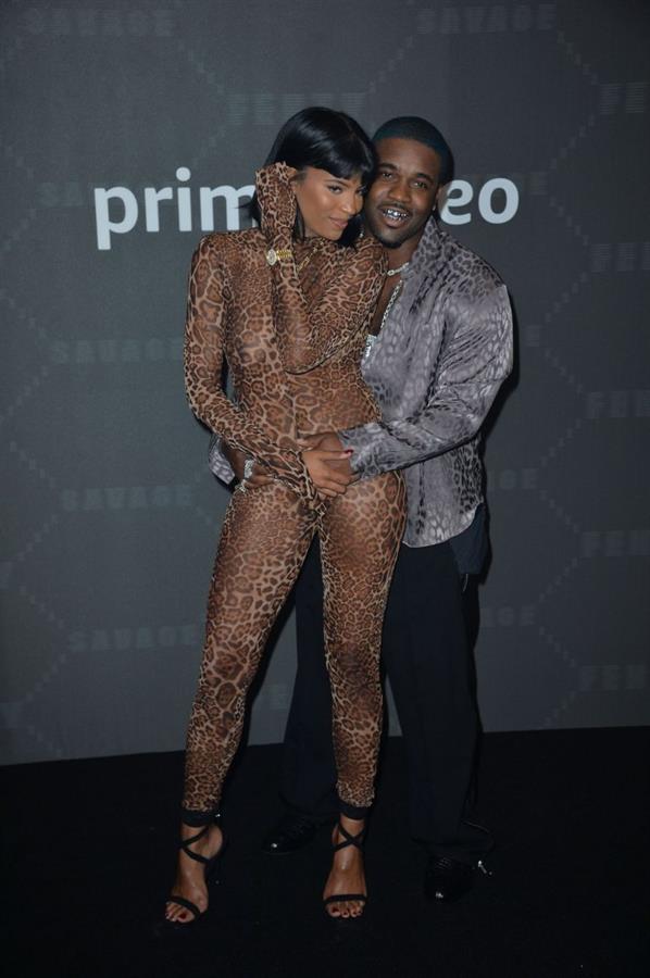 Renell Medrano braless boobs in a see through bodysuit showing off her tits seen by paparazzi at the Savage X Fenty event.











































