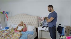 Emma Hix keeps her stepbrother quiet with a BJ and a creampie stiffie ride in her bare pussy when he learns her secrets