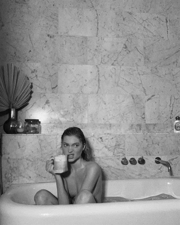 Elsa Hosk shared two naked new black and white photos on instagram one naked in the bath and the second naked laying in bed.