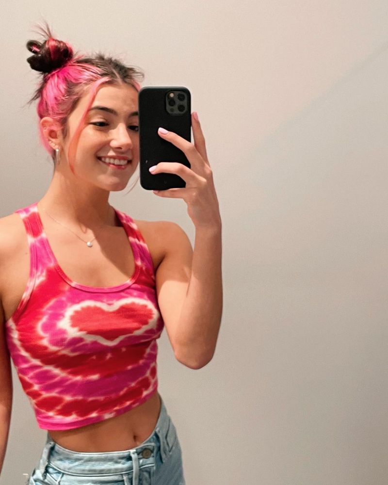 Charli D’Amelio Pictures Charli D’Amelio braless boobs in a sexy little colorful tank top showing off her tits pokies and abs.