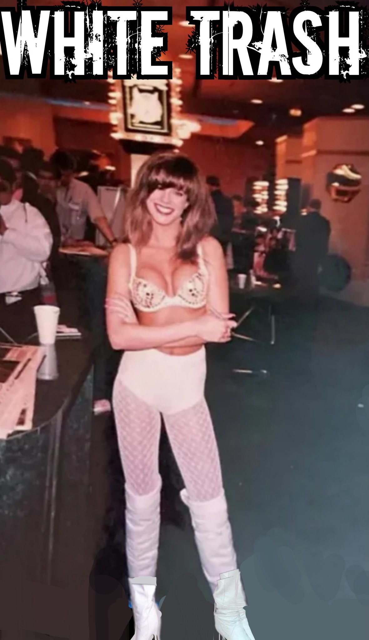 Tacky, white trash pornstar Racquel Darrian, seen here at a cheap casino. Penthouse Pet, Hustler magazine centerfold, escort, fucking bikers, NBA basketball team prize, fan fucker. 